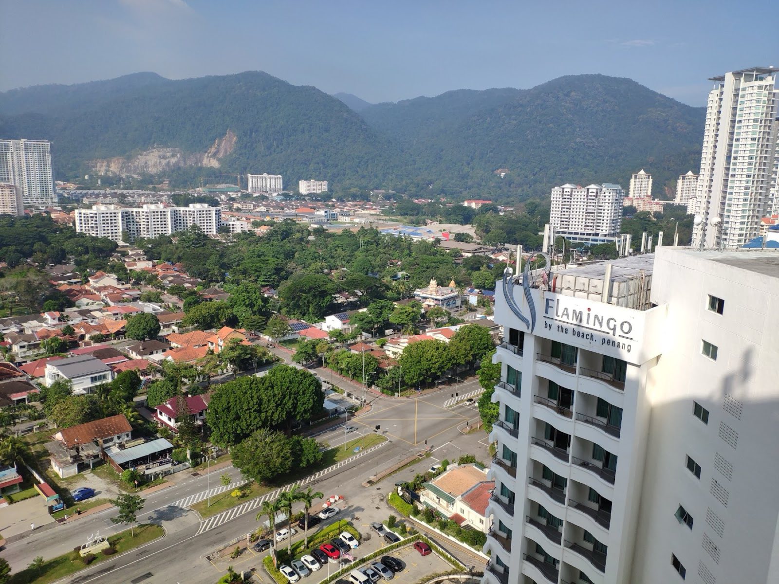 Aerial view from the resort over Tanjung Bungah toward the Penang hills